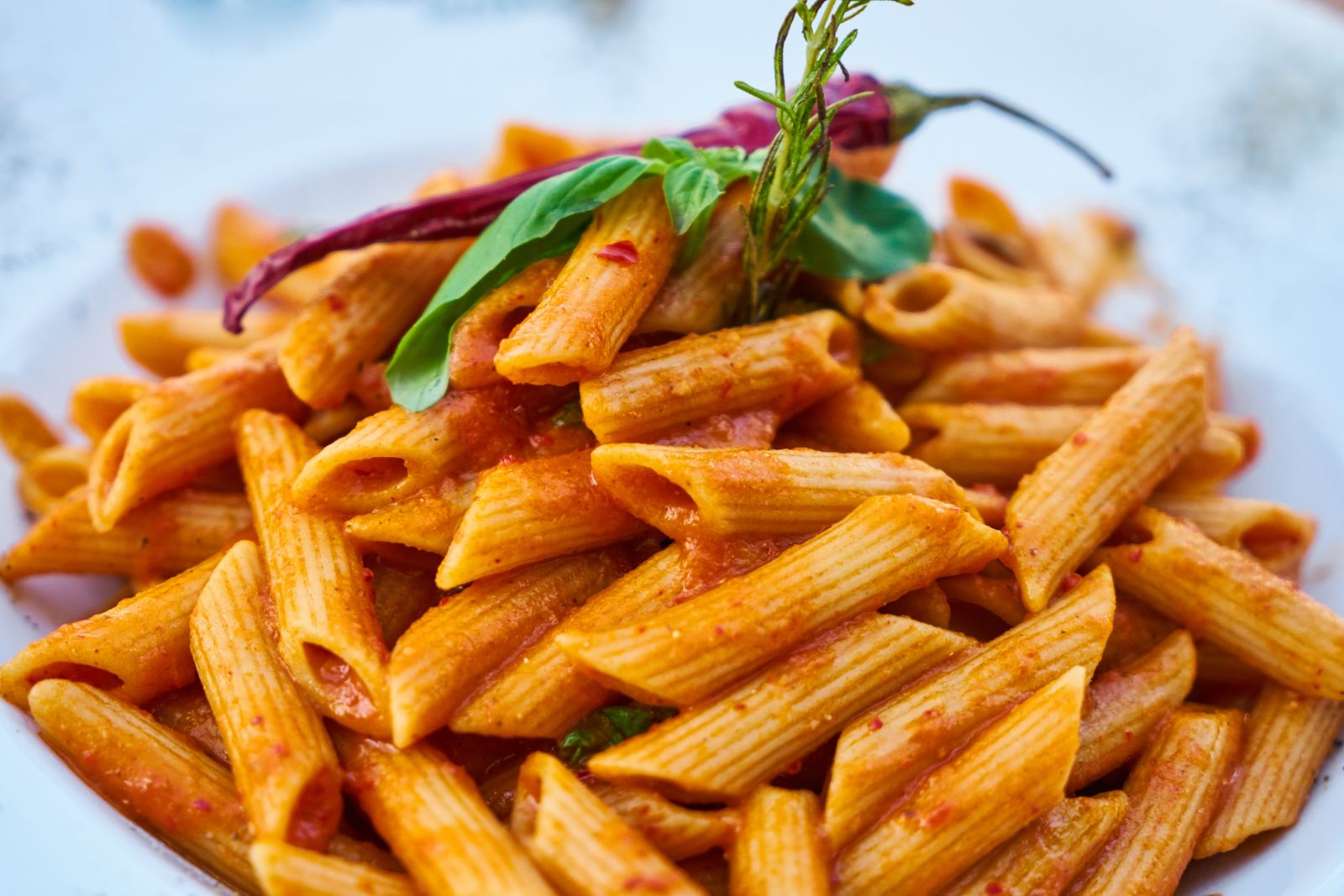 Penne enrobées de sauce tomate, présentées avec des herbes.